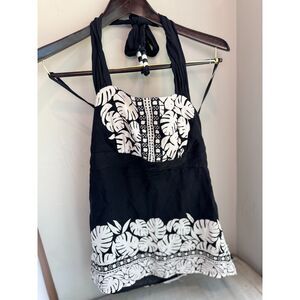 WHBM Silk Top Women's Medium Black White Tropical Leaf Print Sleeveless